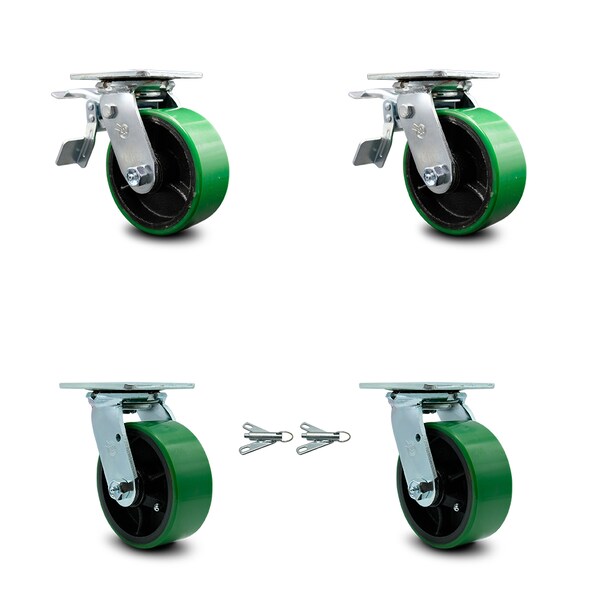 Service Caster 5 Inch Green Poly on Steel Caster Set with Roller Bearings 2 Brake 2 Swivel Lock SCC-TTL30S520-PUR-GB-2-BSL-2 - main